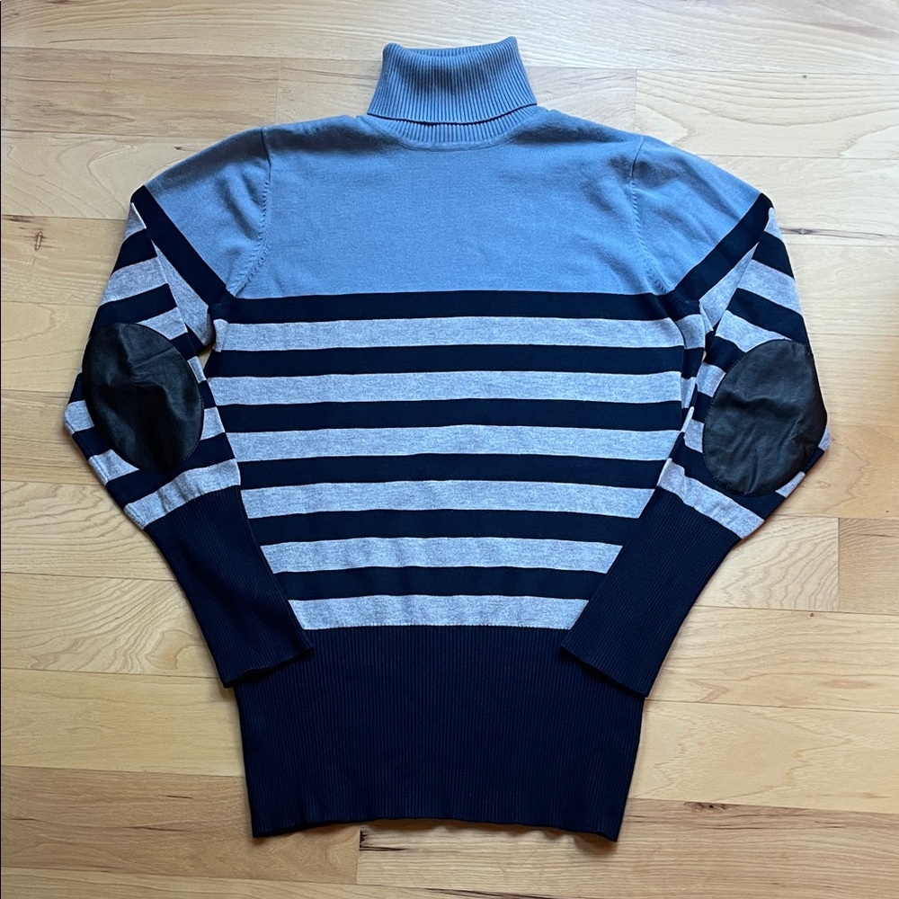 Women’s Blue and Gray Striped Sweater with Elbow Patches
